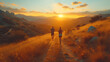 Young people trail running on a mountain path. Two runners working out in the morning at sunrise in nature