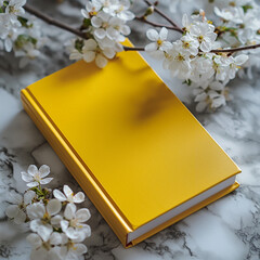Wall Mural - Cherry Blossoms and a yellow book, Hardcover Yellow Book next to Cherry Blossoms, Flowers and Books