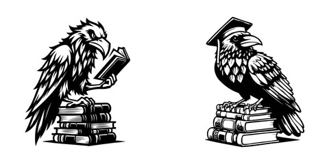 Wall Mural - Set of raven sitting on a book stack, education concept, vector illustration.