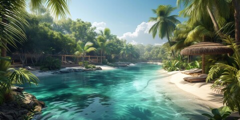 Sticker - A tropical resort with a river and palm trees in the background, AI