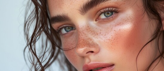 Canvas Print - Close-up portrait of beautiful young woman with freckles on her face looking at camera