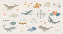 Hand Drawn Stickers With Whales, Clouds, Rainbows, Ships. Vector Illustration For Cards, Wall, Scrapbooking