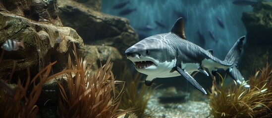 Poster - Majestic shark swimming in a captivating tank with lush aquatic plants and vibrant marine life