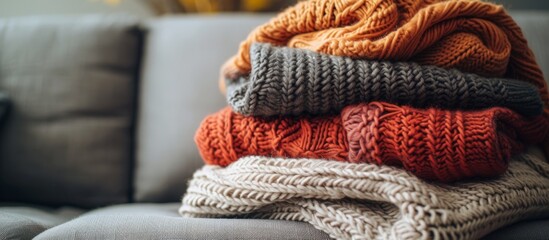 Poster - Cozy pile of warm blankets on comfortable modern grey couch in a living room interior