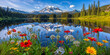 Beautiful northwestern mountains and fir trees forest landscape with lake reflection and wildflowers, wide, background