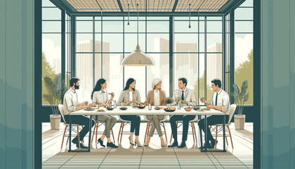 Wall Mural - Concept of a lunch meeting in an office cafeteria.  Vector illustration.