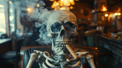 A skeleton smoking a cigarette in an office chair, AI