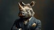 A rhino wearing a suit and tie with his arms crossed, AI