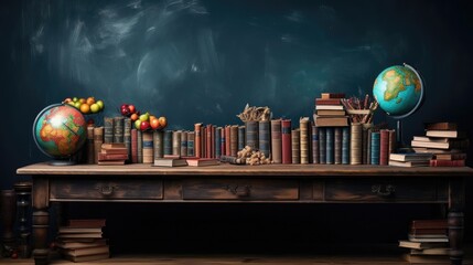 pile of books, stationery and apples on a wooden table with a minimalist background