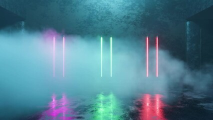 Wall Mural - Smoky and foggy passage. Mysterious atmosphere on a derelict alley with a stream of smoke, neon lights, old wall, for templates, banners. 4k video footage. 3d render modern design in stock video.