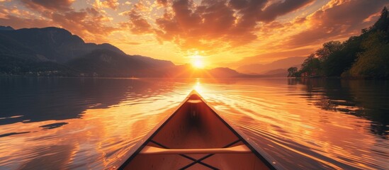 Wall Mural - Serene red canoe floating on tranquil water at picturesque sunset