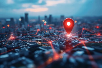 red location marker on nighttime city map.