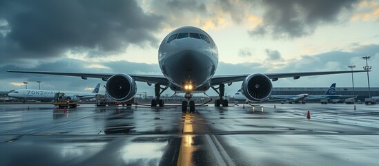 Canvas Print - Commercial airliner airplane parked on airport runway ready for takeoff