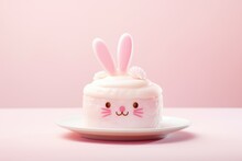 Decorated Easter Bunny Celebration Cake On Pink Background. Cute Cake With Bunny As Present For Children's Birthday, Party, Baby Shower. Greeting Card, Banner, Flyer With Copy Space