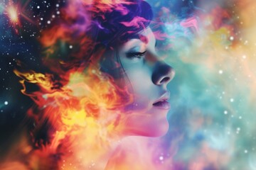 Wall Mural - Female profile with fiery and cosmic elements