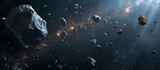 Fototapeta Desenie - A dramatic scene of a cluster of asteroids soaring through the eerie, starless expanse of deep space