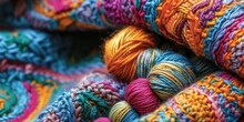 Knitting Of Yarn In A Close-up View, Displaying A Colorful And Patterned Background, Where Each Stitch Merges Into A Captivating Tapestry Of Hues And Textures
