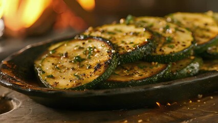 Wall Mural - Experience a burst of flavor with each bite of these firekissed zucchini slices served with a side of warmth from the blazing fireplace.