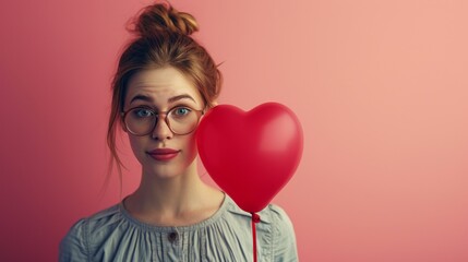 Poster - A woman with glasses holding a red heart shaped balloon, AI