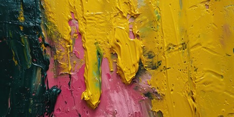  Richly textured layers of paint in yellow  pink and green merging.