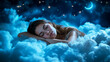 girl sleeps on clouds under a starry sky with a crescent moon, evoking a peaceful and dreamlike night scene
