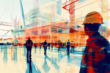 Digitally rendered illustration of a construction site bustling with engineers and workers Overlaid with graphic design elements to emphasize the modernity of the building industry