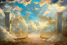 Heavenly Reception Area Illustrated At The Pearly Gates Welcoming With Open Arms