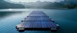 Serene lake with a floating row of solar panels harnessing renewable energy