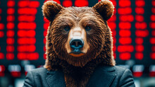 bear in a business suit, with stock market screens showing red numbers in the background, symbolizing a bearish trend in the stock market