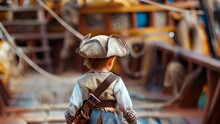 Rear View Of A Boy In A Pirate Costume Standing On The Deck Of An Old Sailing Ship