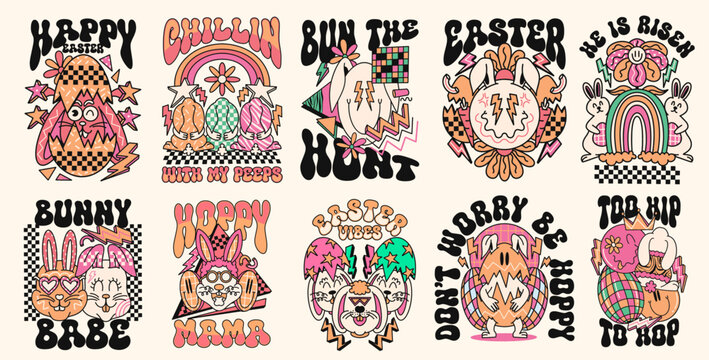 retro easter 90s t shirt design set, hippie easter graphic poster collection. easter quotes bundle, 