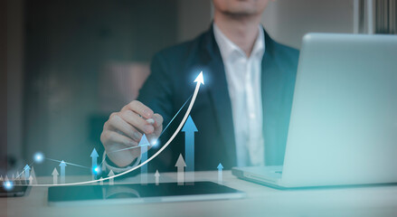 Wall Mural - Businessman touch investment growth graph chart and analysing growth achievement diagram data trading and exchange, Stock market, Investment, dynamics of financial growth of business