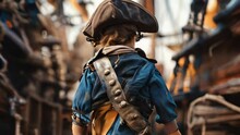 Portrait Of A Boy Dressed As A Pirate On The Background Of An Old Wooden Ship