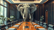 elephant faces the camera at the end of a sleek boardroom table, surrounded by modern chairs and plants, in a glass-walled office - the elephant in the room