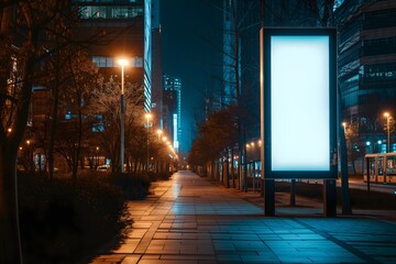 Wall Mural - Outdoor advertising lightbox mockup on city street at night, perfect for digital screen displays or public announcements. Versatile and customizable.