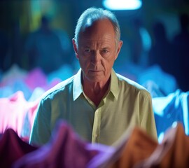 Sticker - An older man standing in front of a bunch of colorful shirts. Generative AI.