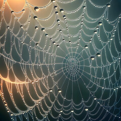 the essence of morning dew on a spider web, showcasing the intricate patterns and delicate droplets as illuminated by the early morning light