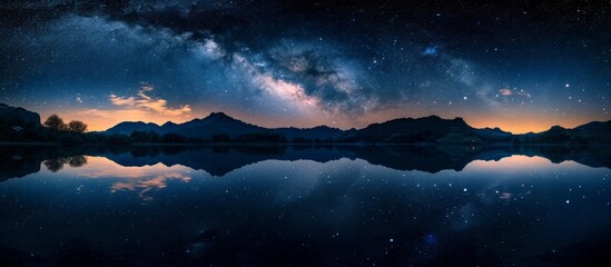 The Milky Way is mirrored in the tranquil lake at night, creating a stunning reflection of the night sky in the water amidst the natural landscape.