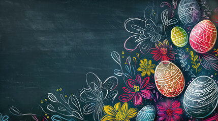 Colourful Chalk Drawn Easter Eggs and Spring Flowers on a Black Chalkboard Background