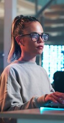 Fototapete - Woman, programmer and typing on computer at night and reading code and thinking about information. IT, professional and person with analysis software for cybersecurity and research for project