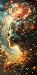 Wall Mural - Cosmic Flame Goddess Portrait.
Artistic depiction of a woman's profile blended with vibrant cosmic flames.