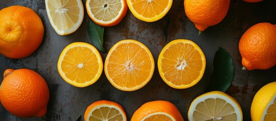 Sticker - Fresh and vibrant citrus fruits including oranges and lemons arranged on wooden table