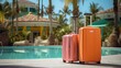 Luggage suitcases beside resort swimming pool for tourism summer.