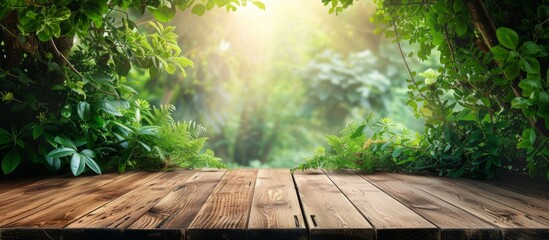 Poster - Rustic Wooden Table with Luxurious View of Lush Tropical Rainforest