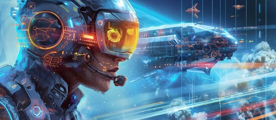 Wall Mural - Futuristic man with hi-tech helmet and spaceship exploring outer space adventure