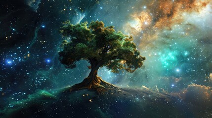 Wall Mural - A cosmic nebula gives birth to a colossal tree, intertwining celestial and earthly wonders, Ai Generated.
