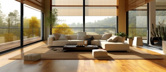 Poster - Spacious modern living room with a large window and comfortable sofa for relaxation and leisure time