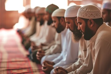 Side view of men sitting on the carpet and praying inside a mosque