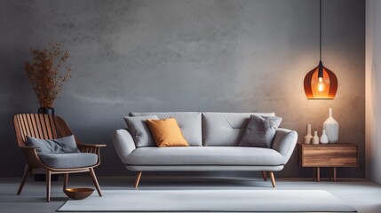 Interior of living room with cozy grey sofa, armchair and glowing lamps