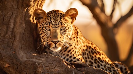 Wall Mural - Leopard behind the tree, Panthera pardus shortidgei, nature habitat, big wild cat in the nature habitat, sunny day on the savannah, Khwai River, Moremi Botswana. Wildlife nature. Africa wildlife